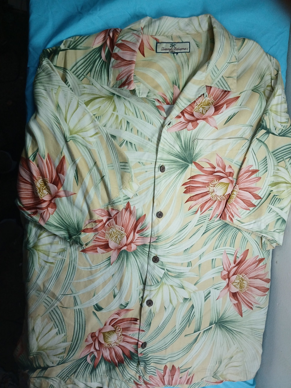 Tommy Bahama Peach Floral Camp Shirt with Green Palm Print